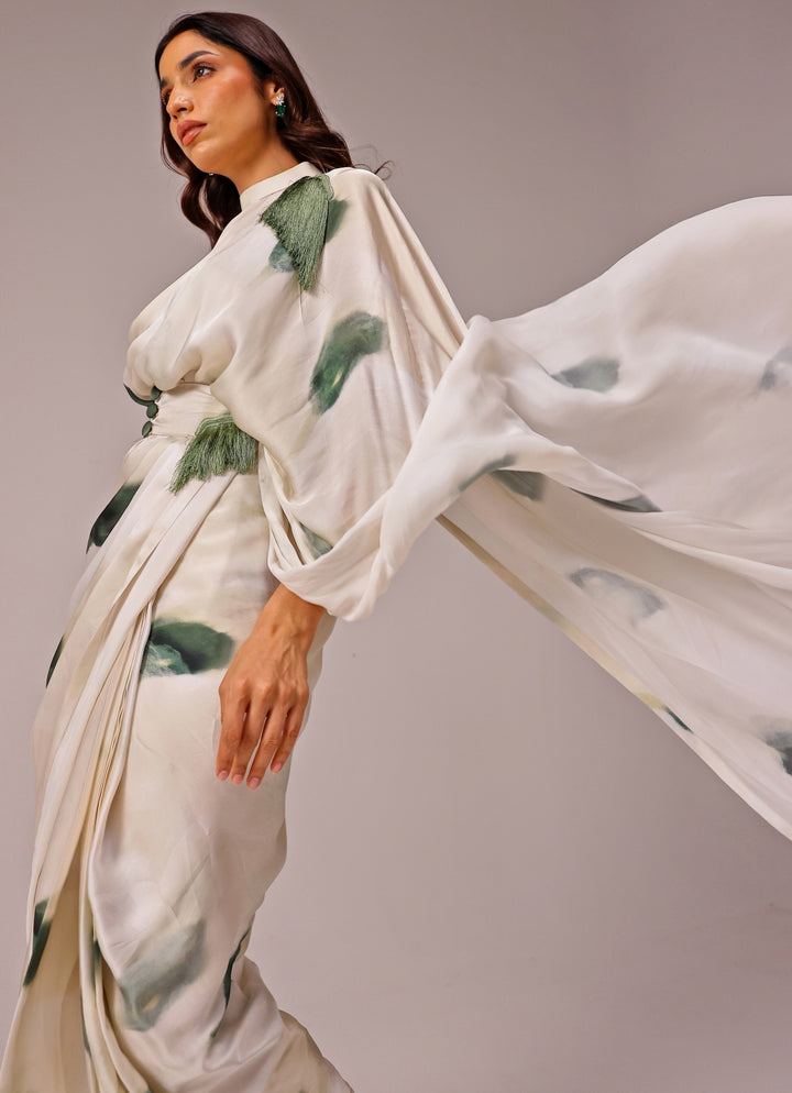 Ivory Printed Georgette Satin Pre-Draped Saree