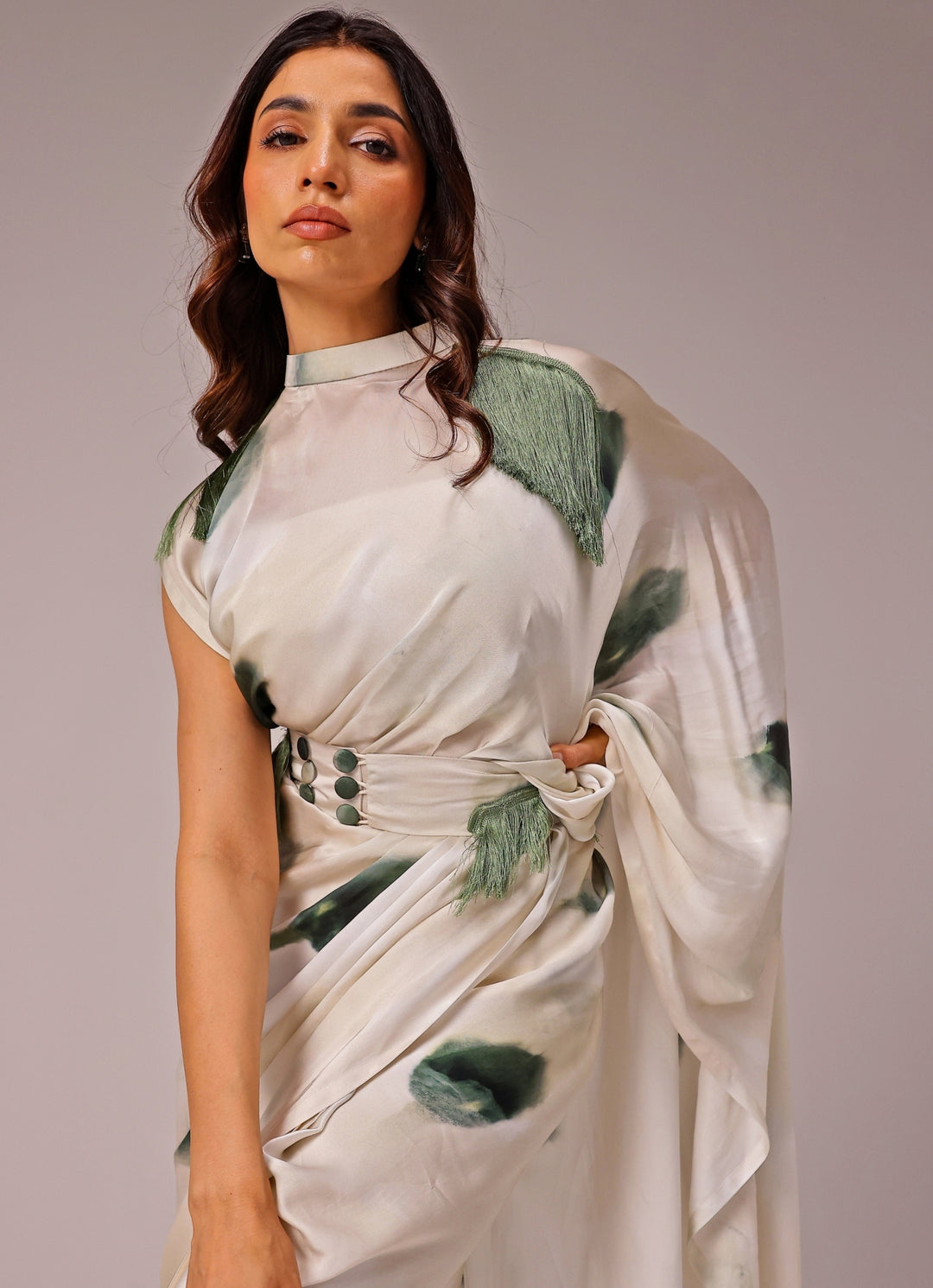 Ivory Printed Georgette Satin Pre-Draped Saree