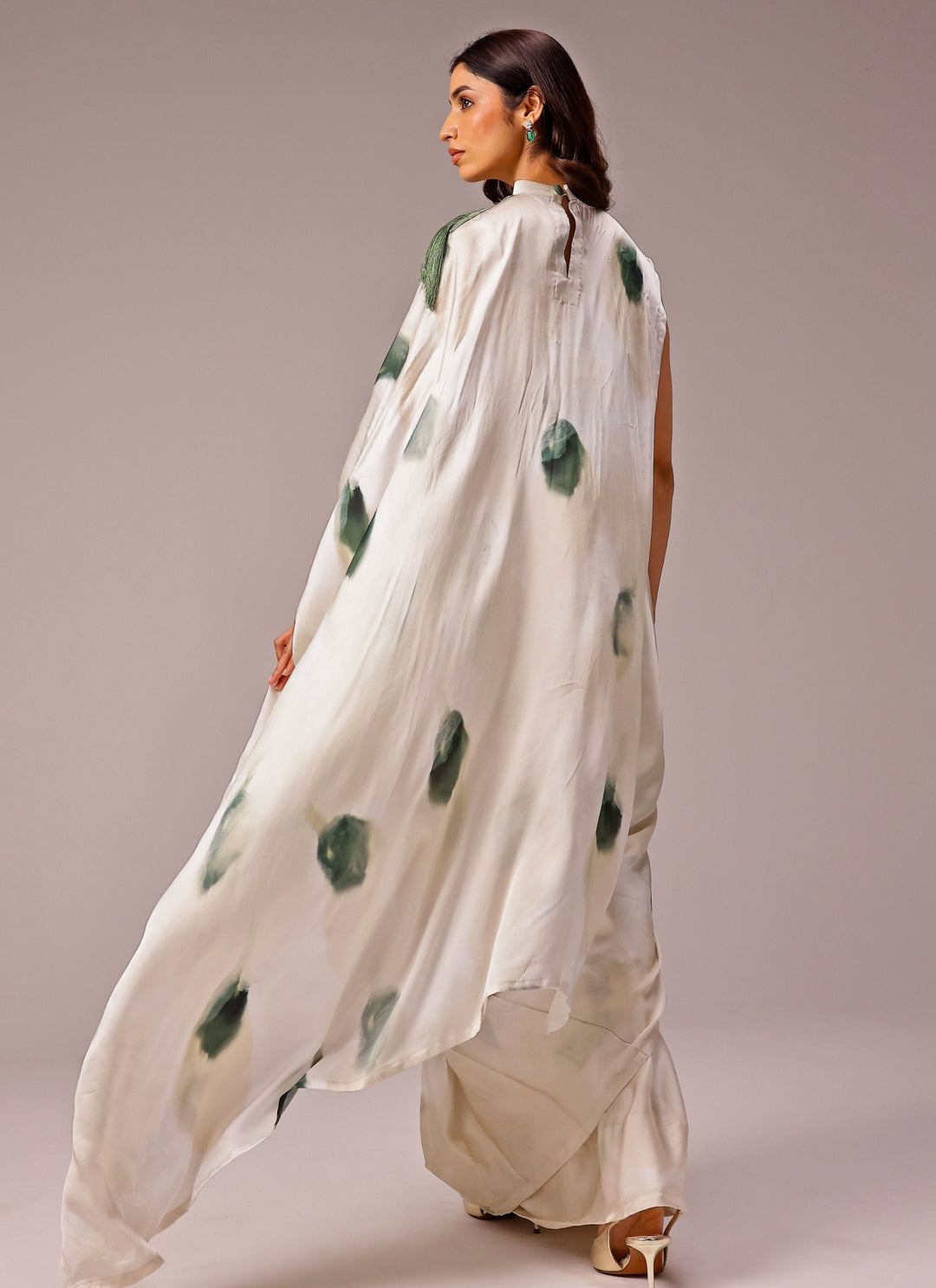 Ivory Printed Georgette Satin Pre-Draped Saree