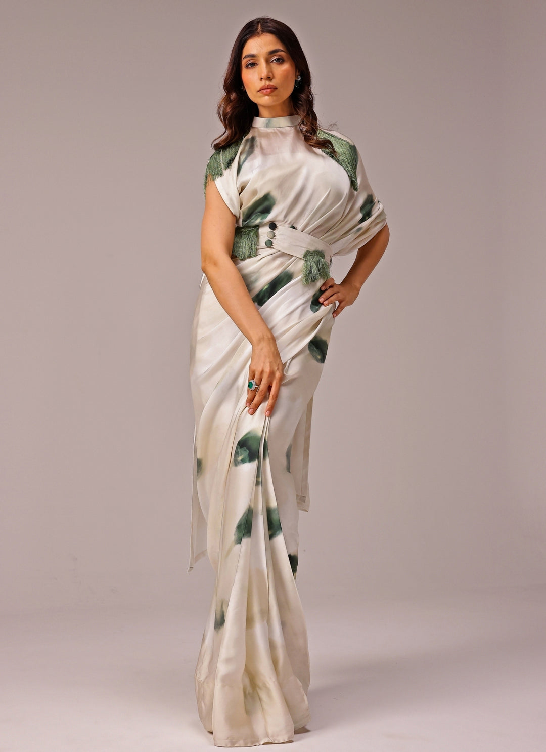 Ivory Printed Georgette Satin Pre-Draped Saree