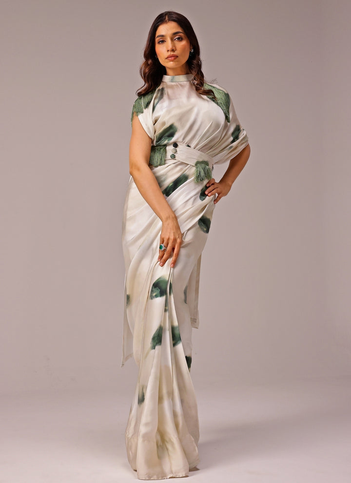 Ivory Printed Georgette Satin Pre-Draped Saree