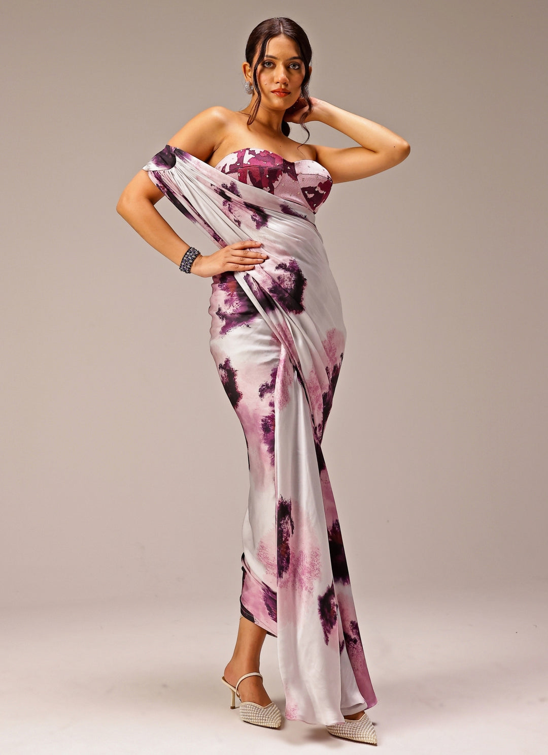 Grey Printed Georgette Satin Saree Gown