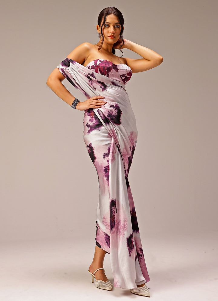 Grey Printed Georgette Satin Saree Gown