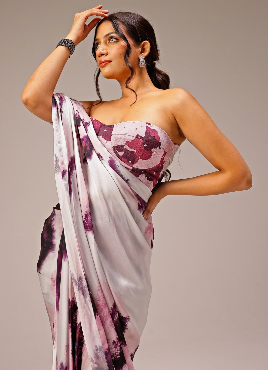 Grey Printed Georgette Satin Saree Gown