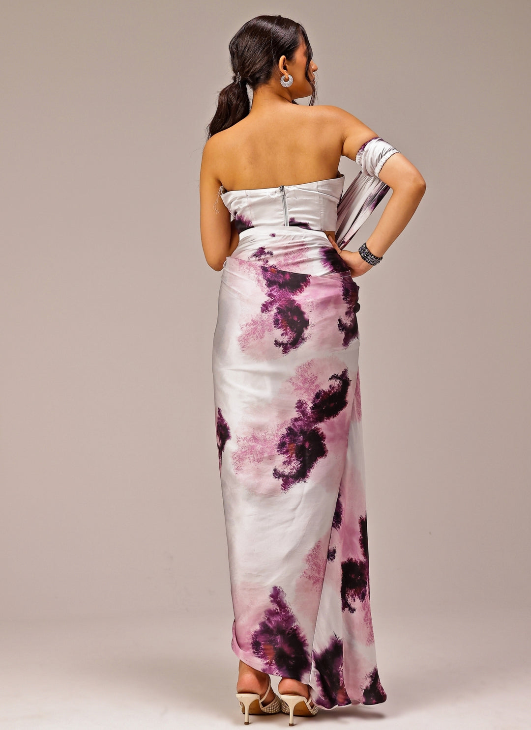 Grey Printed Georgette Satin Saree Gown