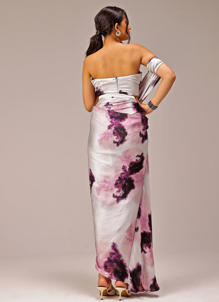 Grey Printed Georgette Satin Saree Gown