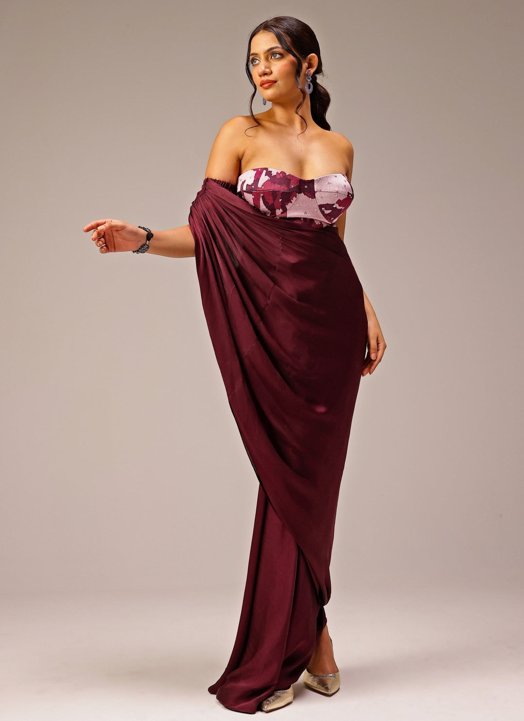 Plum Purple Georgette Satin Saree Gown