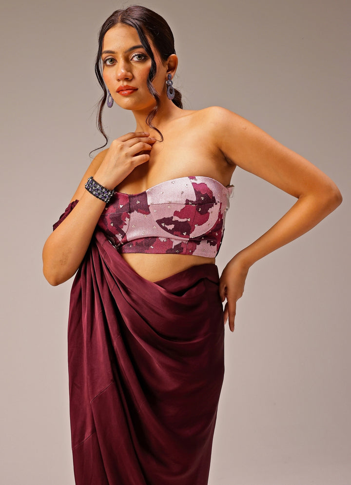 Plum Purple Georgette Satin Saree Gown