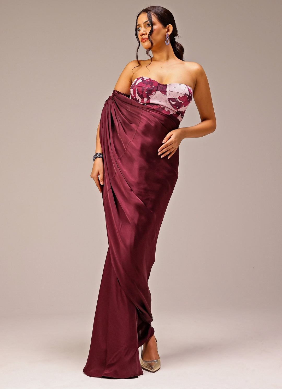 Plum Purple Georgette Satin Saree Gown