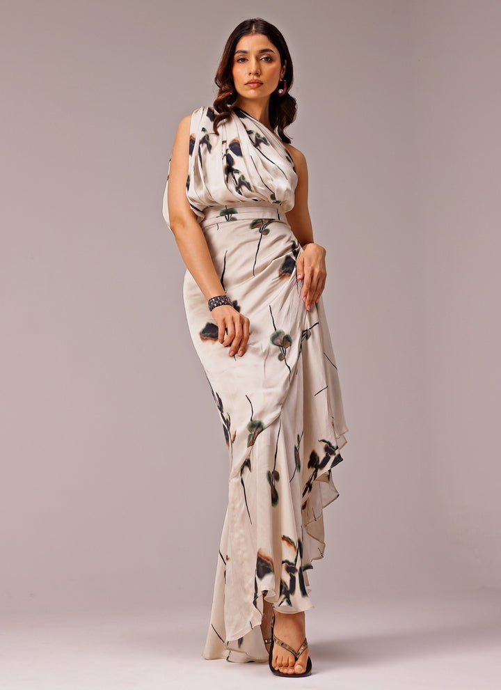 Ivory One Shoulder Georgette Satin Slit Dress