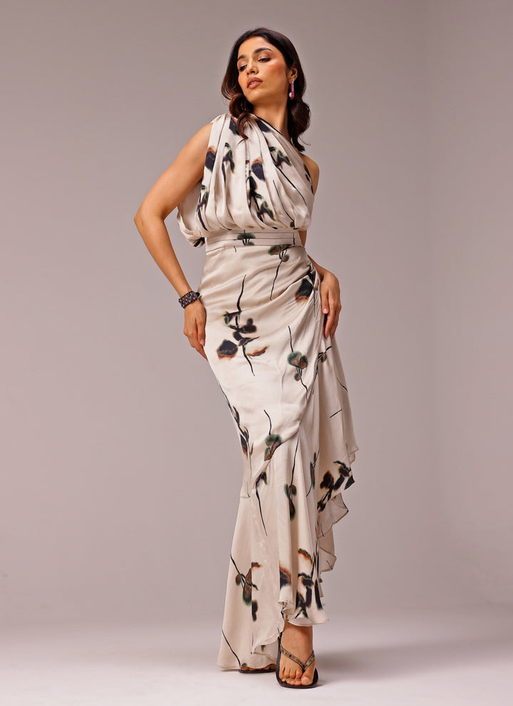 Ivory One Shoulder Georgette Satin Slit Dress