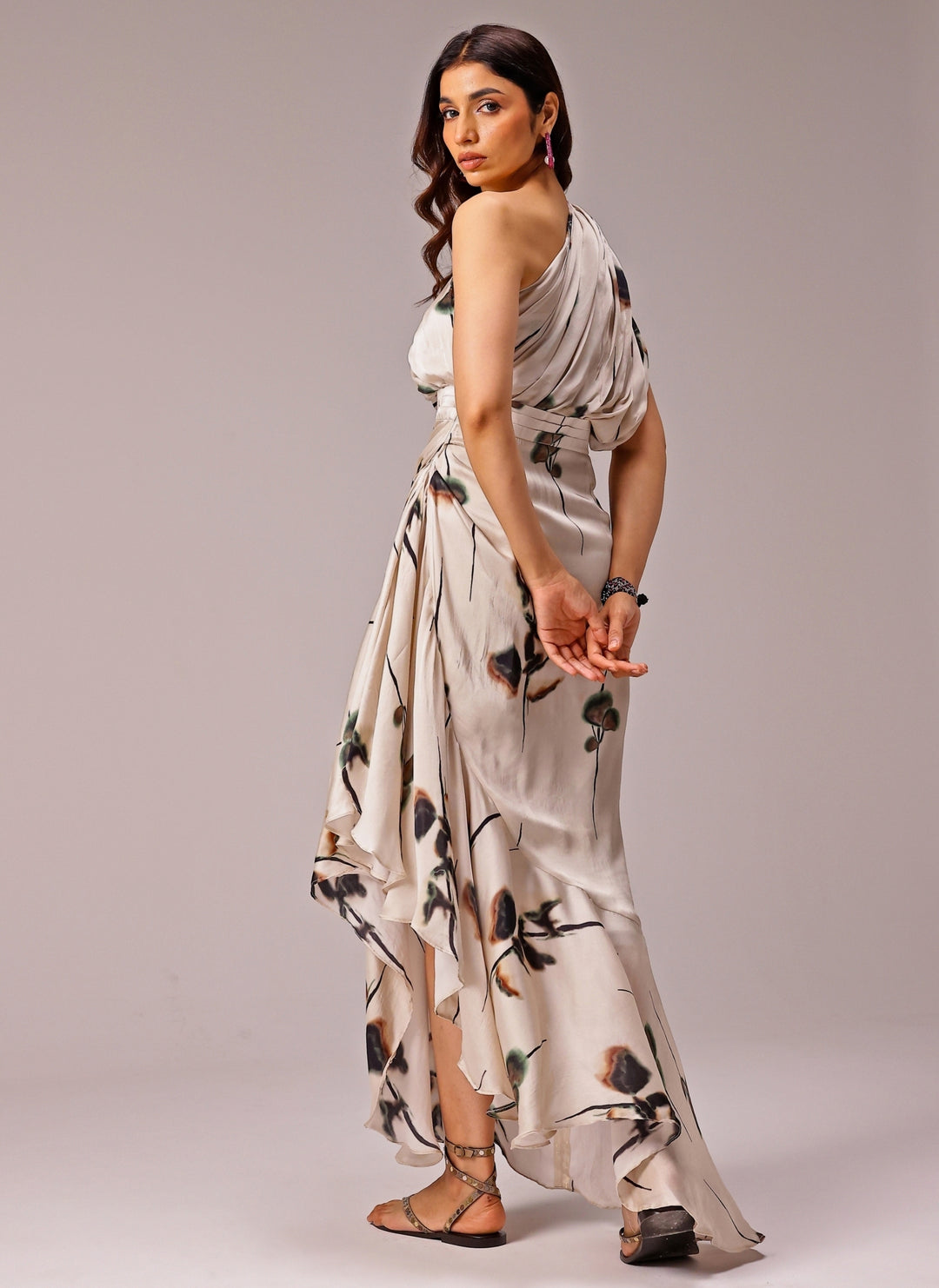 Ivory One Shoulder Georgette Satin Slit Dress