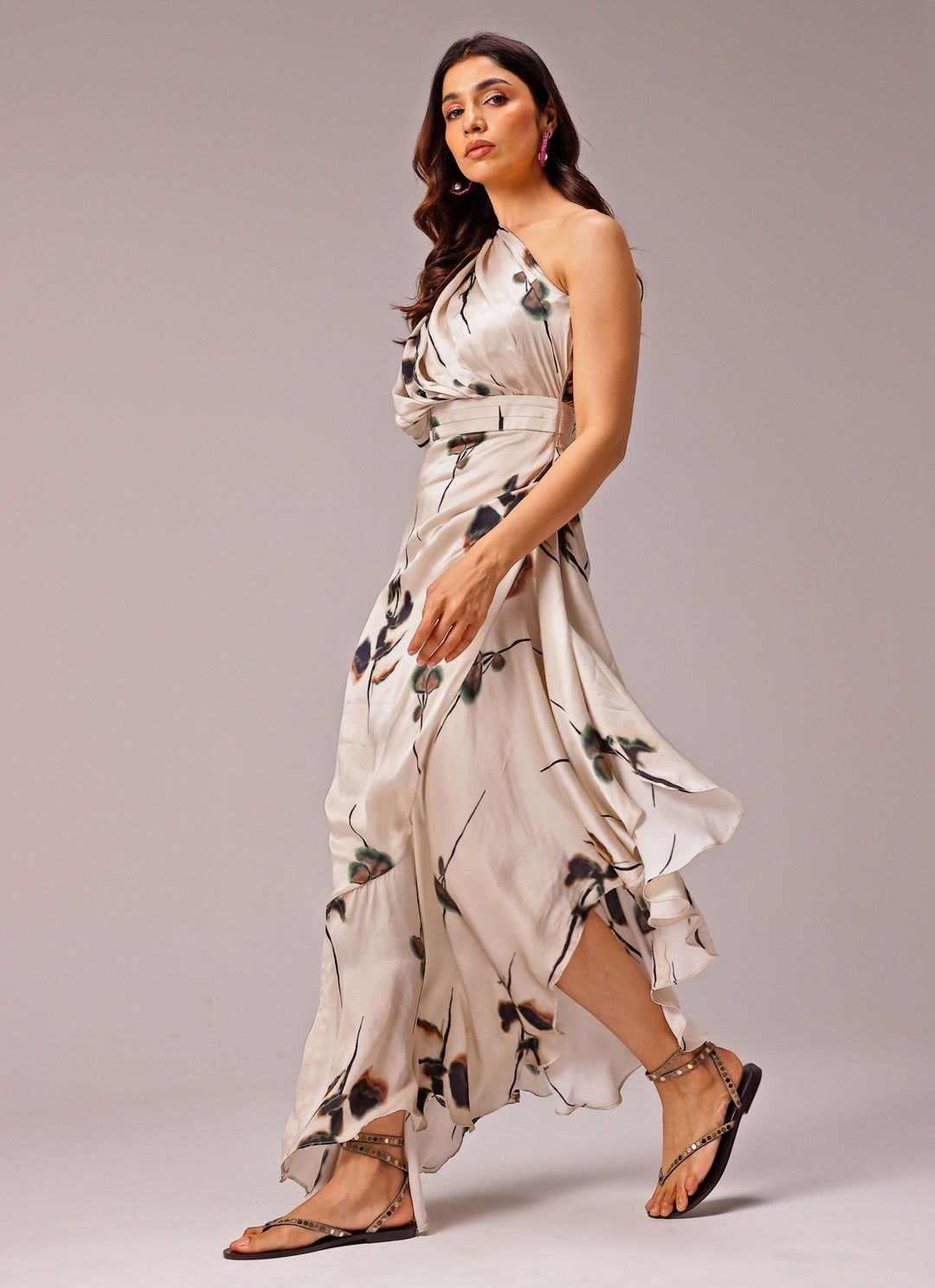 Ivory One Shoulder Georgette Satin Slit Dress
