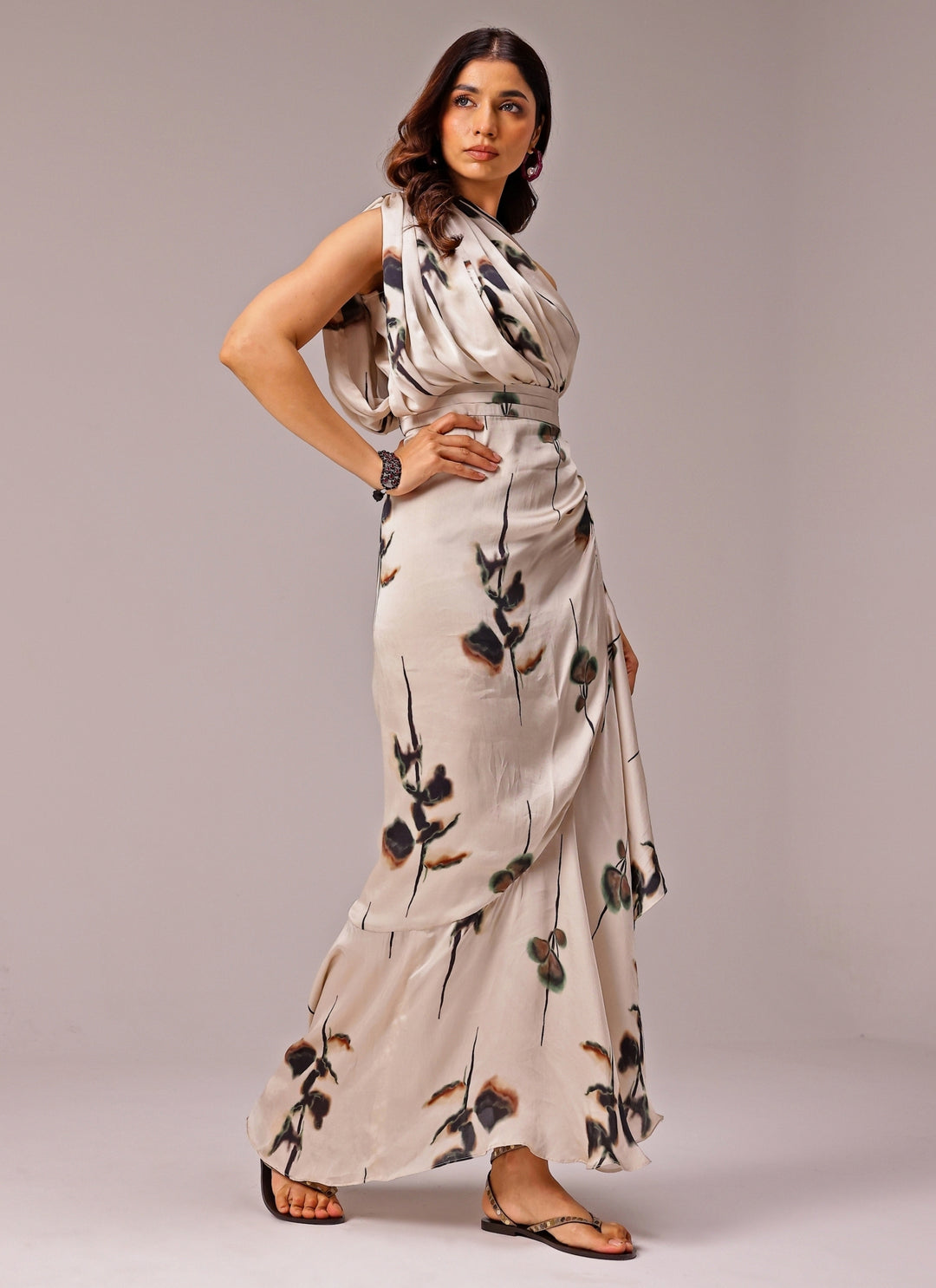 Ivory One Shoulder Georgette Satin Slit Dress