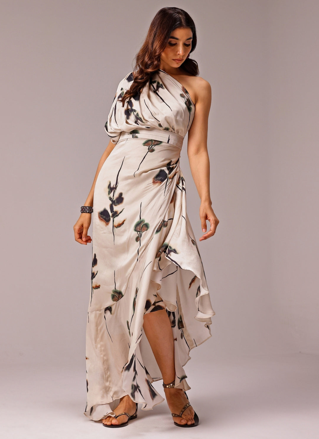 Ivory One Shoulder Georgette Satin Slit Dress