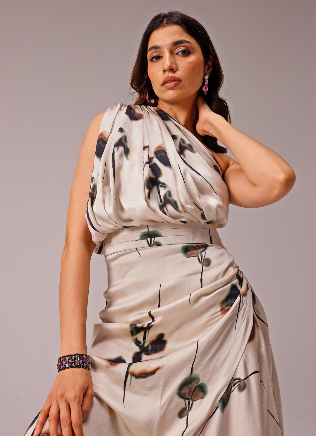 Ivory One Shoulder Georgette Satin Slit Dress