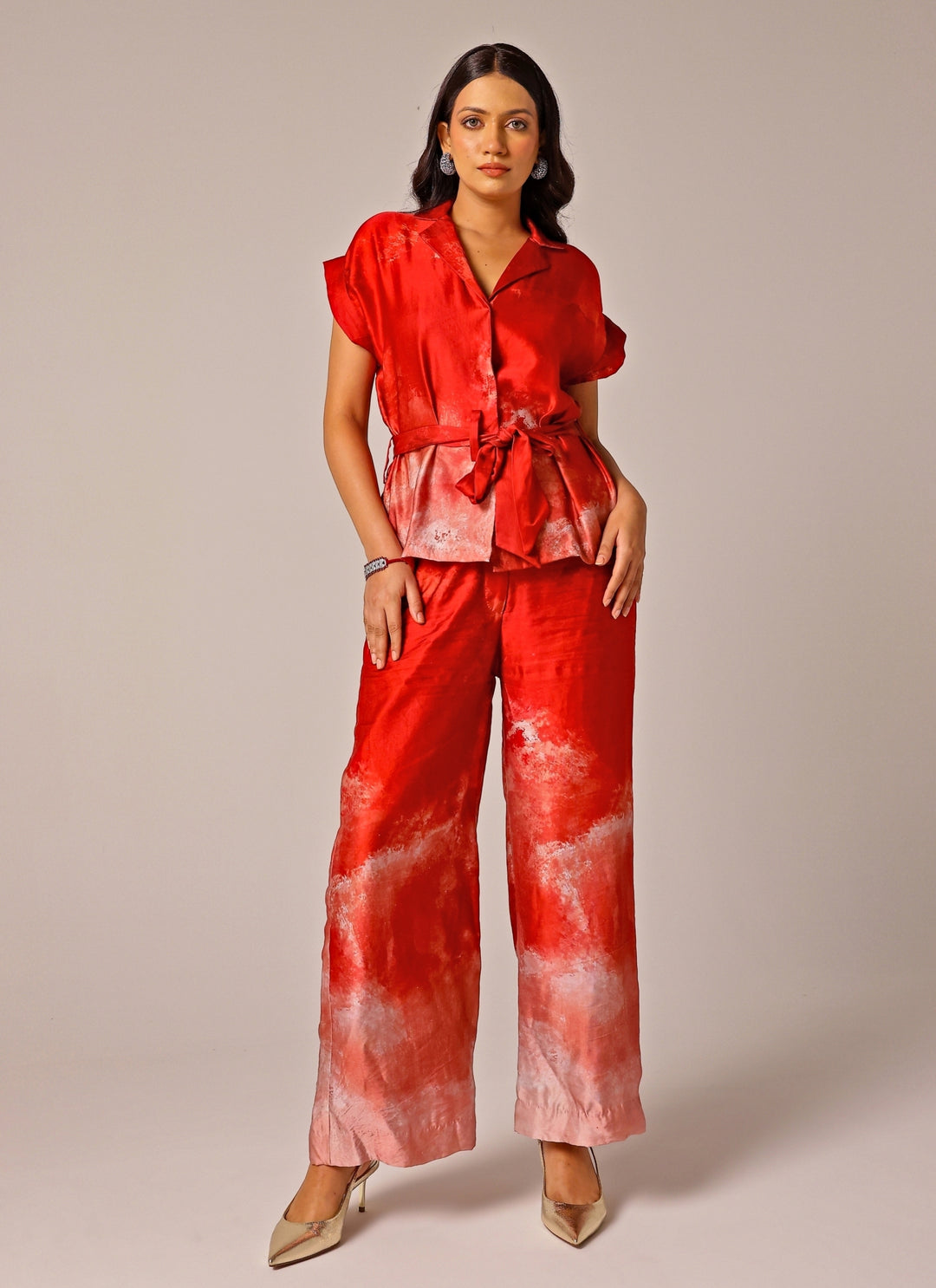 Red Printed Linen Satin Co-Ord Set