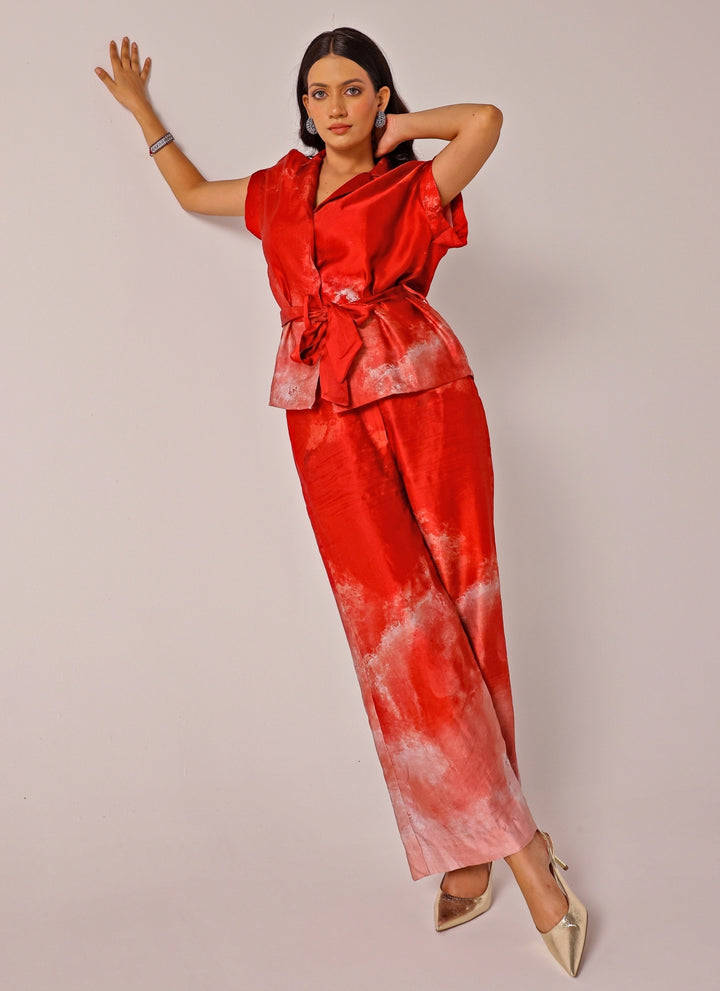 Red Printed Linen Satin Co-Ord Set