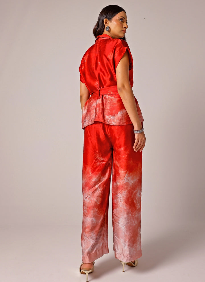 Red Printed Linen Satin Co-Ord Set
