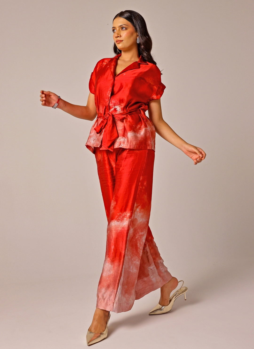 Red Printed Linen Satin Co-Ord Set
