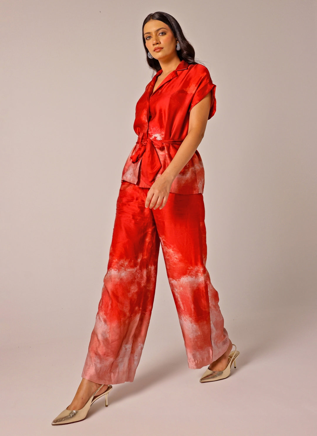 Red Printed Linen Satin Co-Ord Set