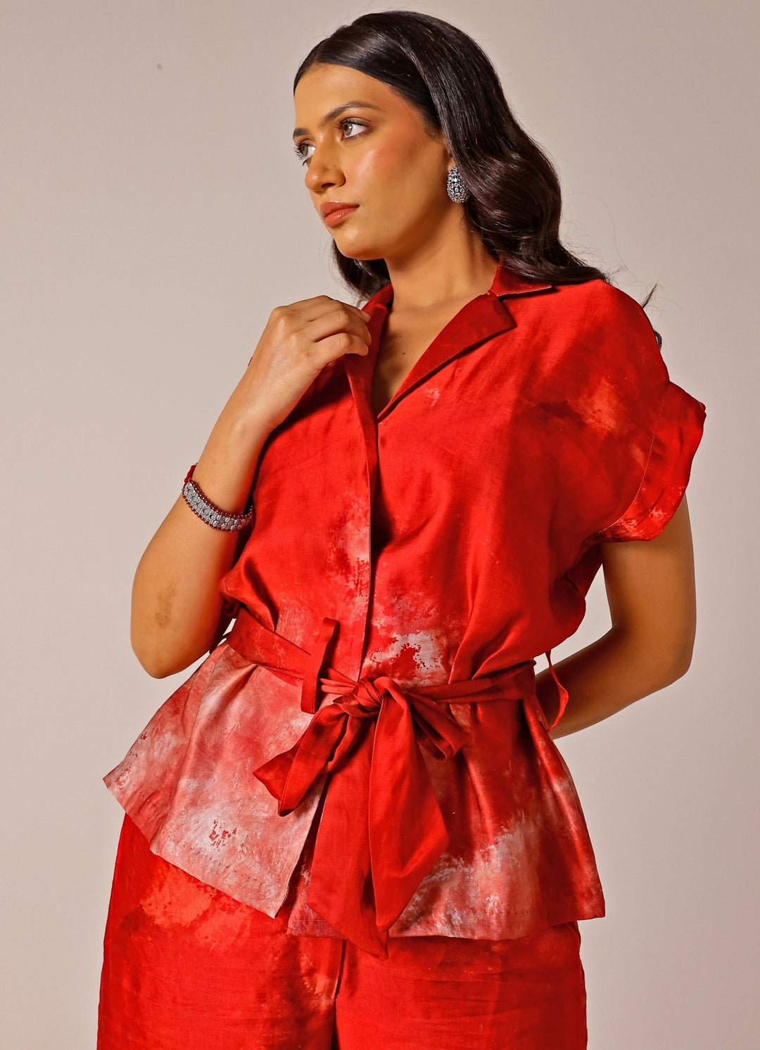 Red Printed Linen Satin Co-Ord Set
