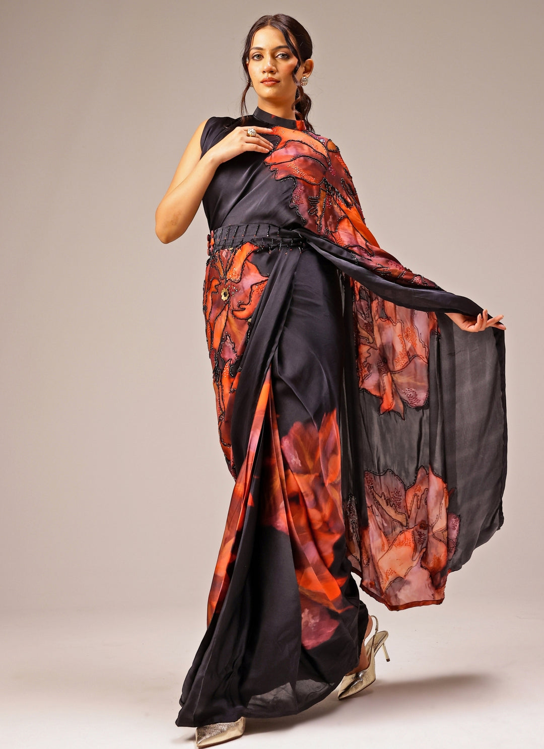 Black Printed Georgette Satin Pre-Draped Saree