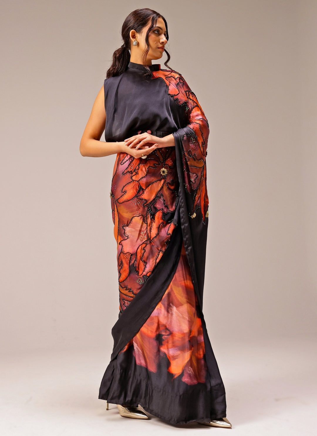 Black Printed Georgette Satin Pre-Draped Saree