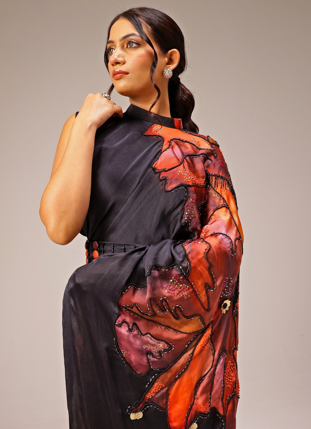 Black Printed Georgette Satin Pre-Draped Saree