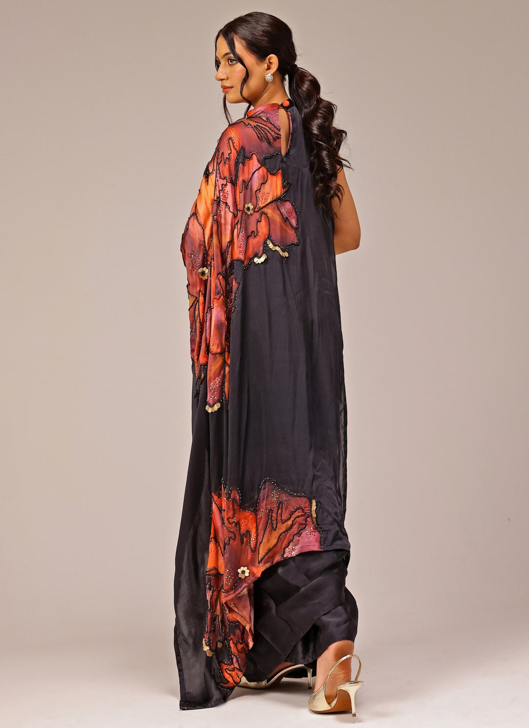 Black Printed Georgette Satin Pre-Draped Saree