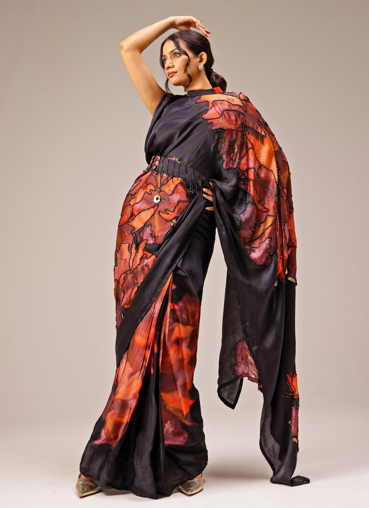 Black Printed Georgette Satin Pre-Draped Saree