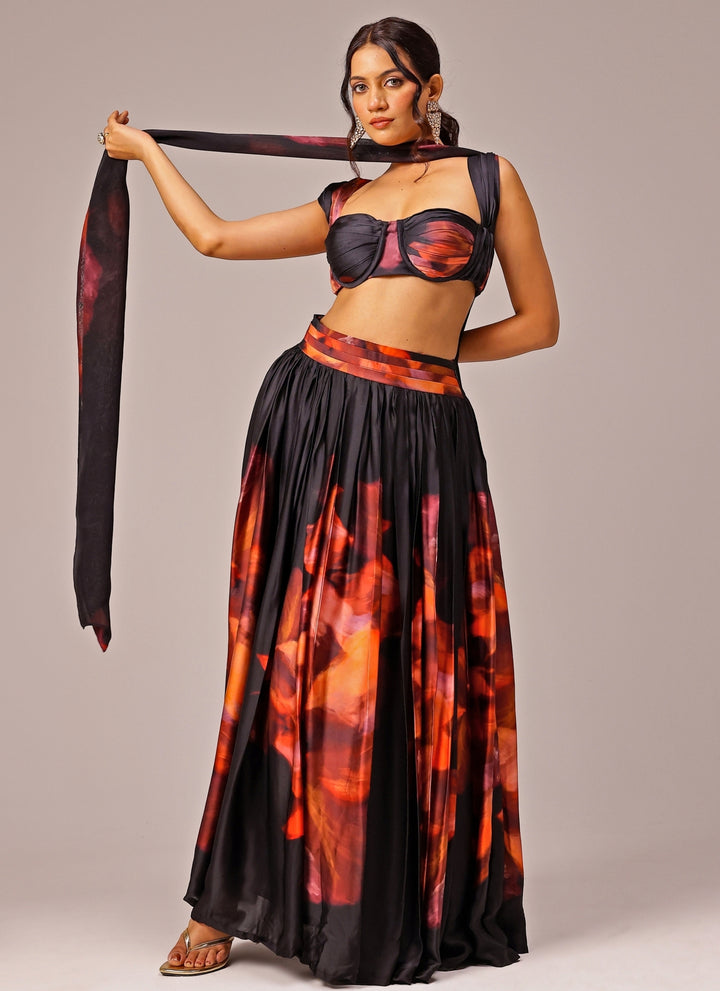 Black Printed Georgette Satin Lehenga Set
