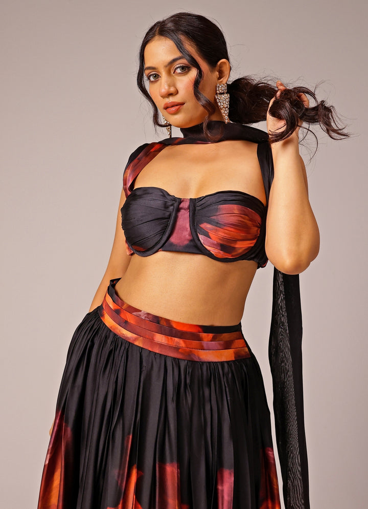 Black Printed Georgette Satin Lehenga Set