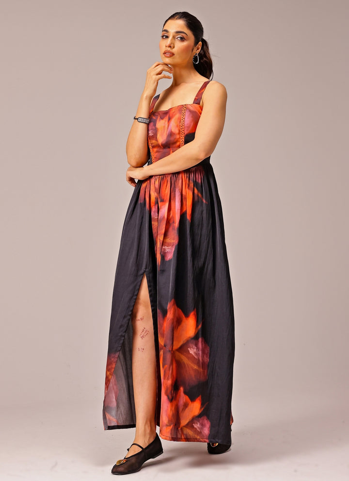 Black Printed Satin Corset Dress