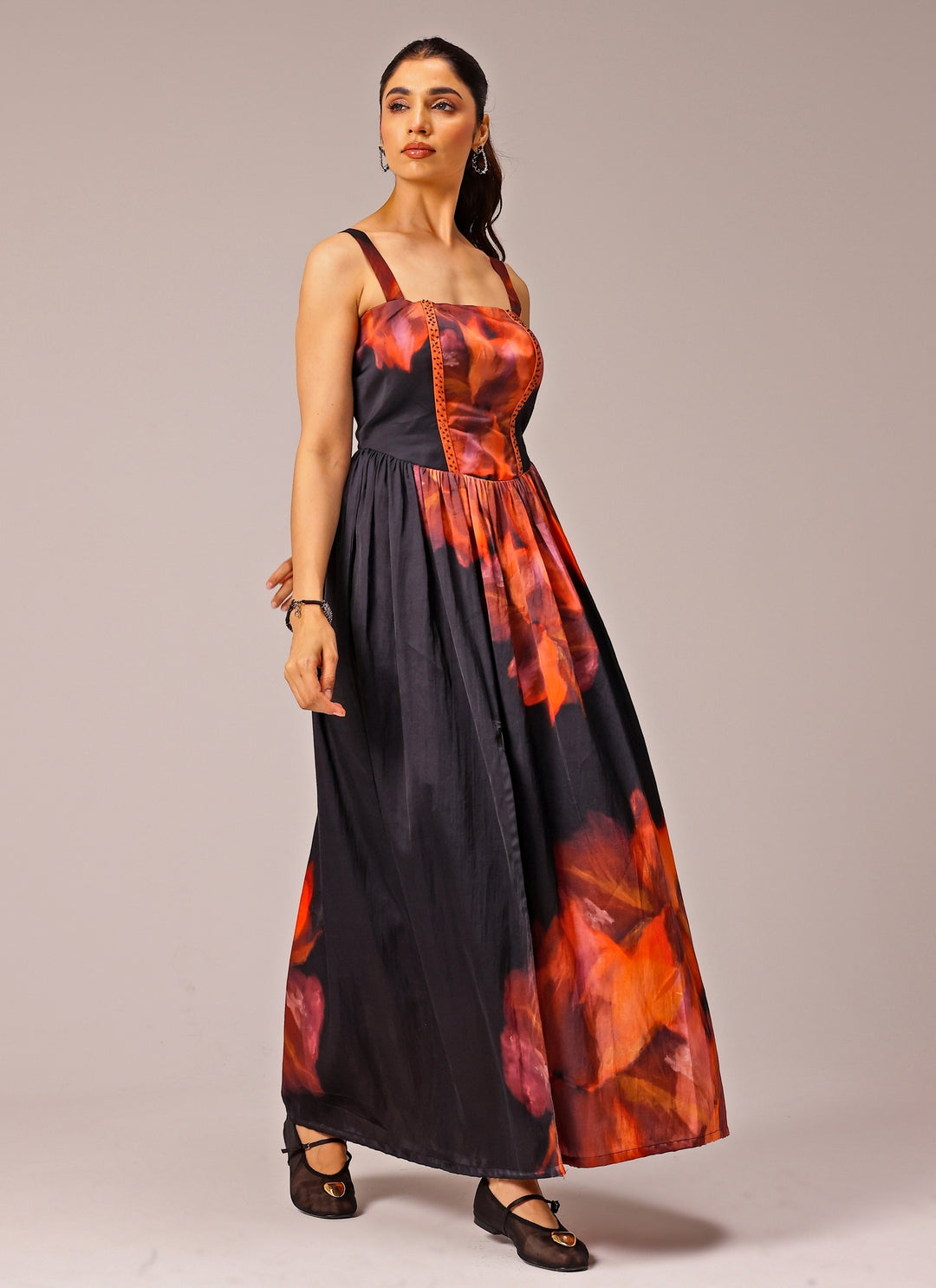 Black Printed Satin Corset Dress