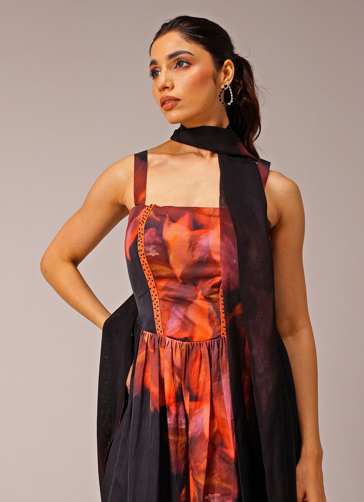 Black Printed Satin Corset Dress