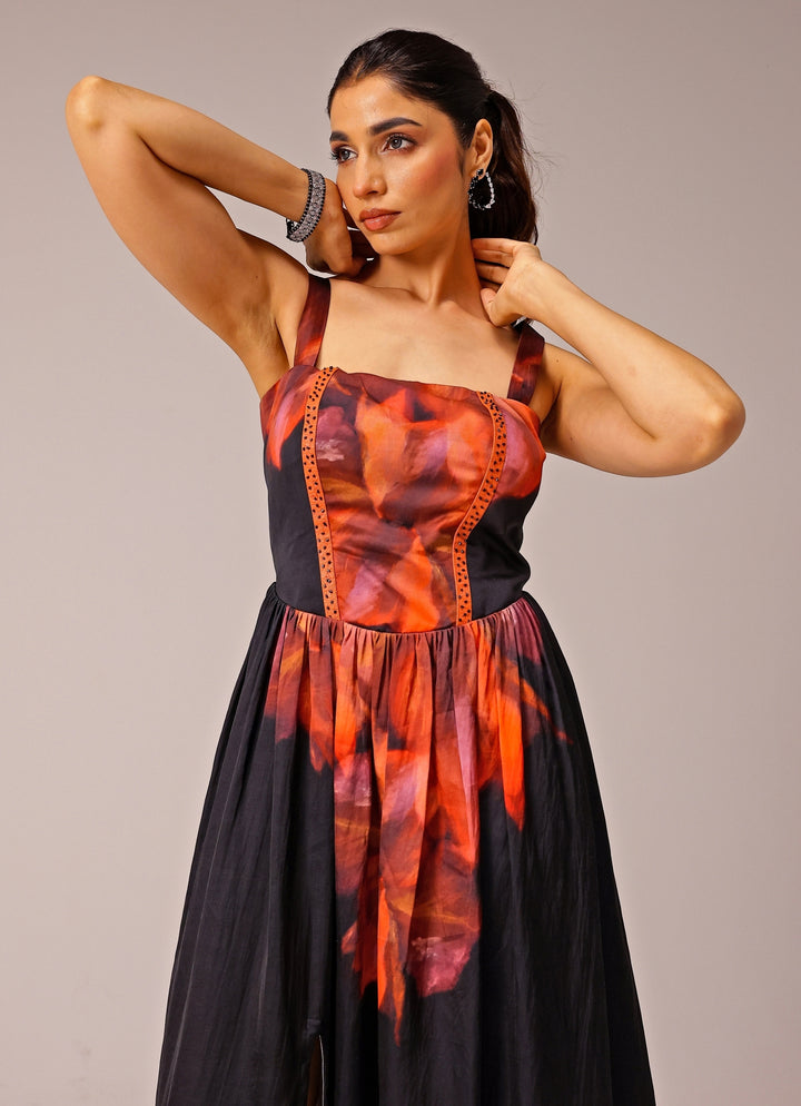 Black Printed Satin Corset Dress