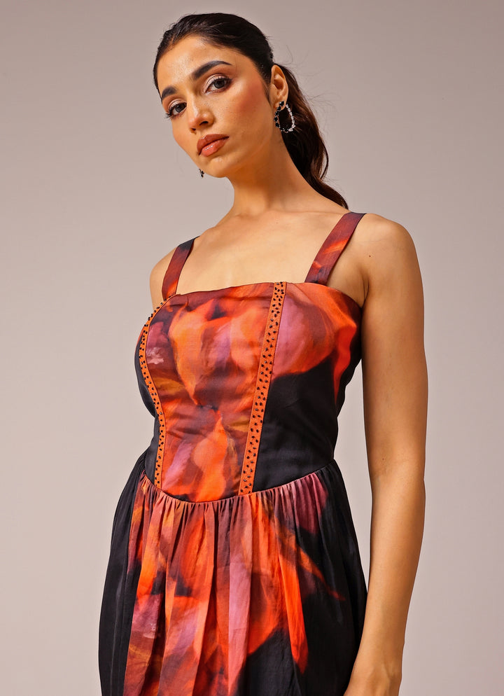 Black Printed Satin Corset Dress