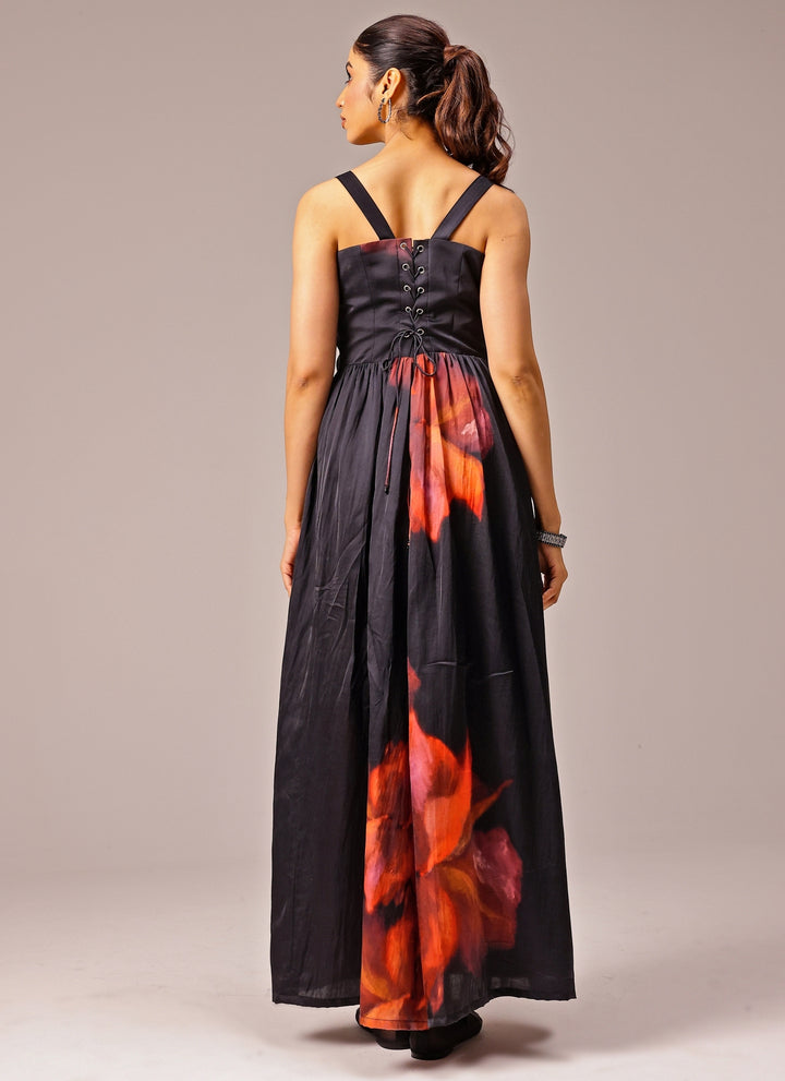 Black Printed Satin Corset Dress