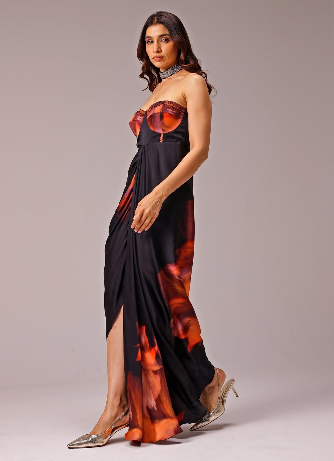 Black Printed Georgette Satin Bustier Gown