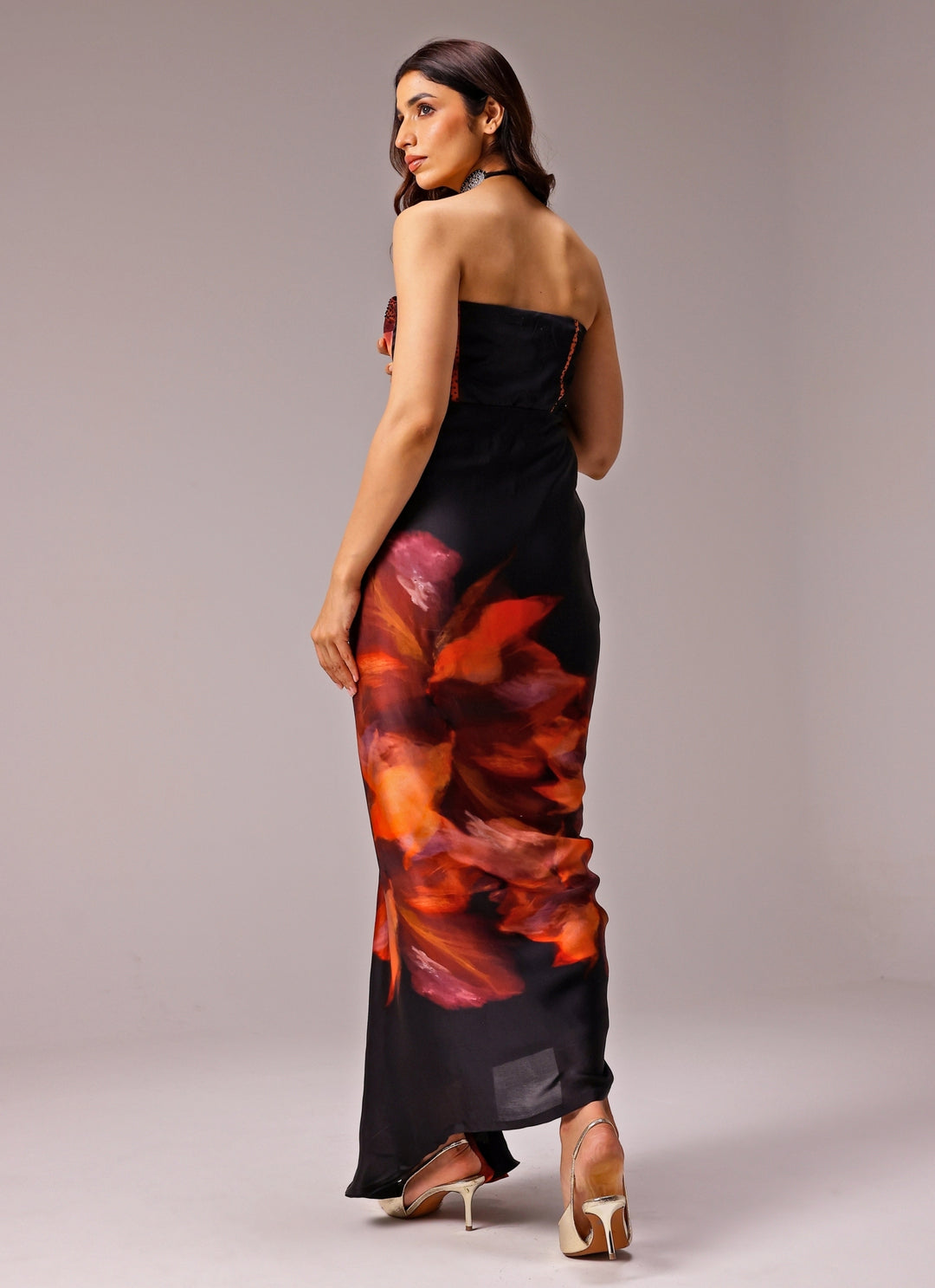 Black Printed Georgette Satin Bustier Gown