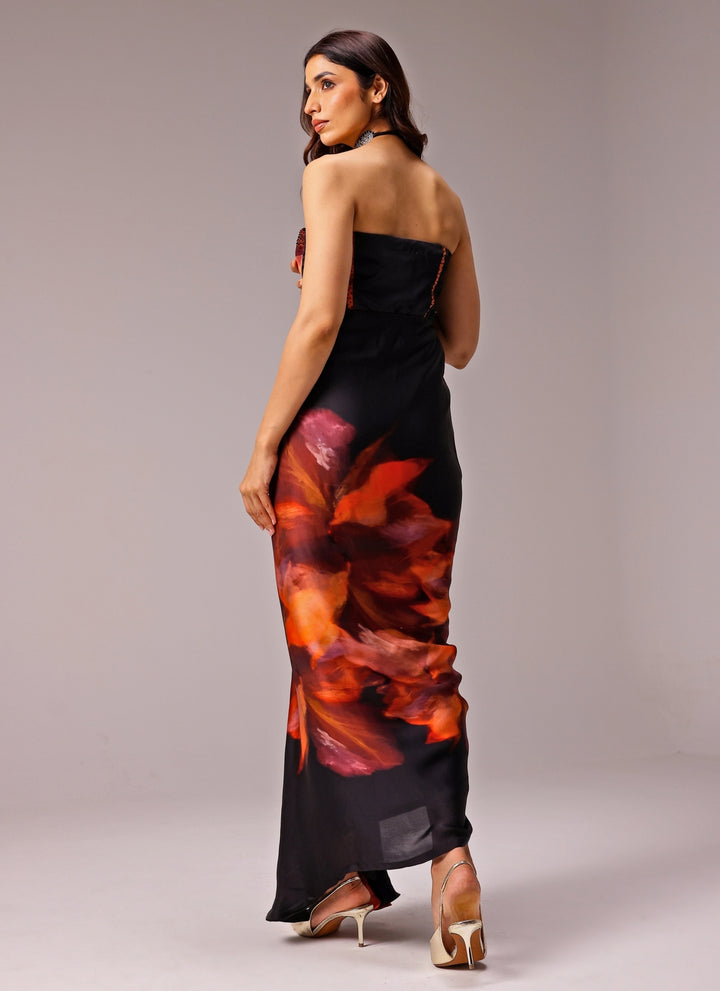 Black Printed Georgette Satin Bustier Gown
