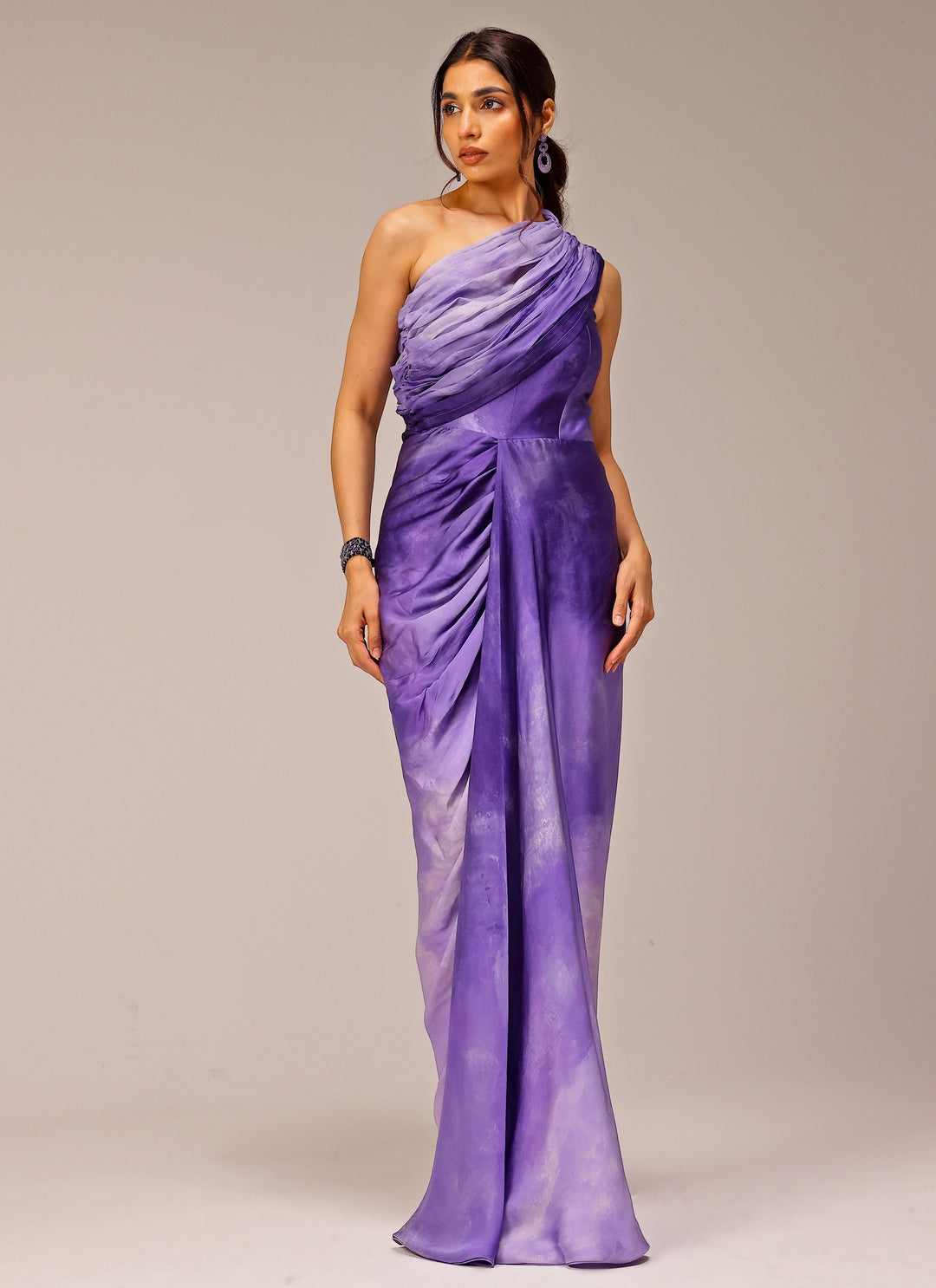 Purple Georgette Satin Printed One-Shoulder Drape Gown