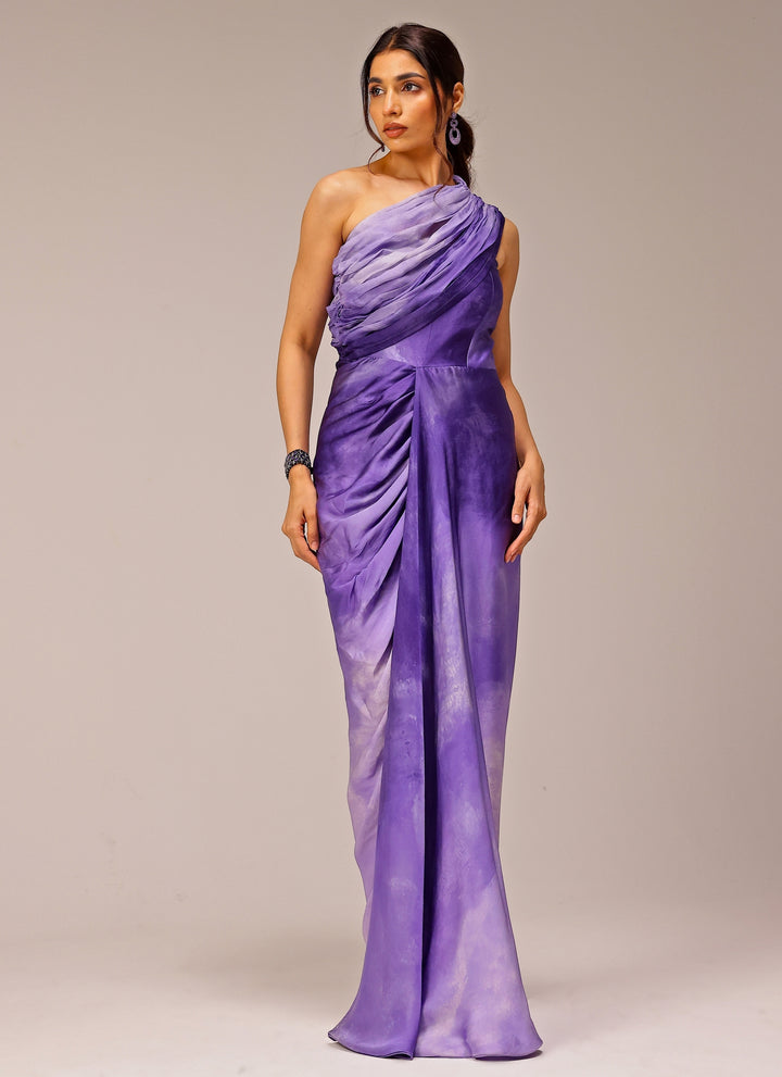 Purple Georgette Satin Printed One-Shoulder Drape Gown