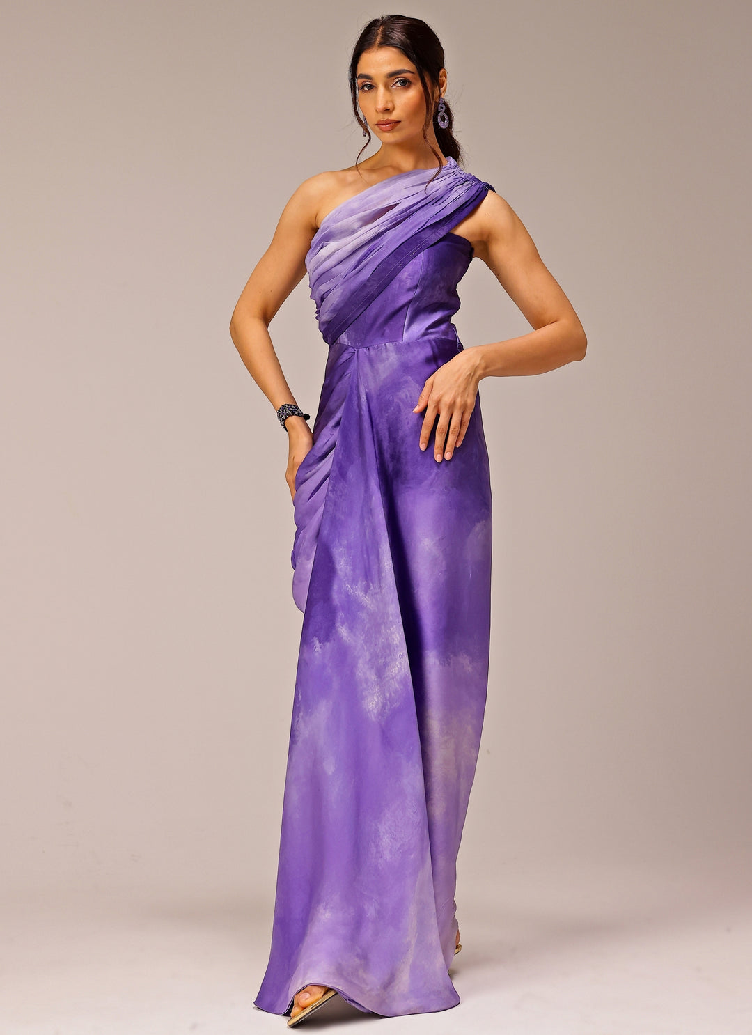 Purple Georgette Satin Printed One-Shoulder Drape Gown