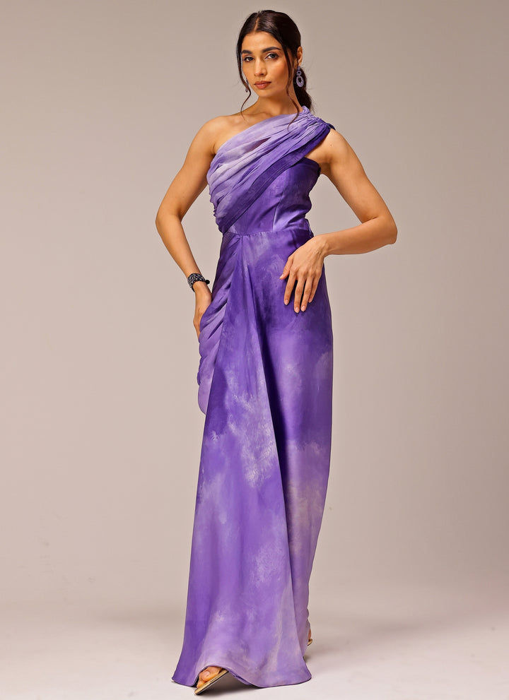 Purple Georgette Satin Printed One-Shoulder Drape Gown