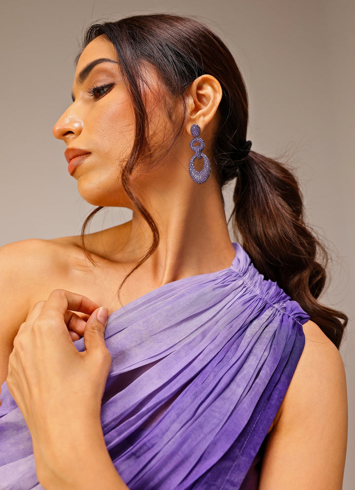 Purple Georgette Satin Printed One-Shoulder Drape Gown