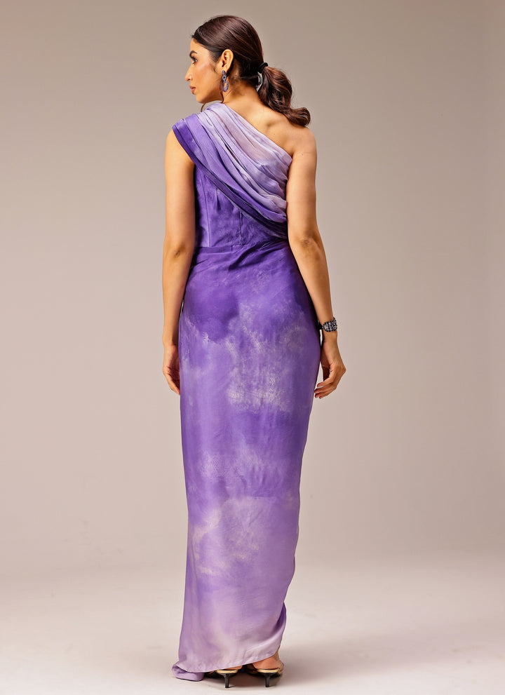 Purple Georgette Satin Printed One-Shoulder Drape Gown