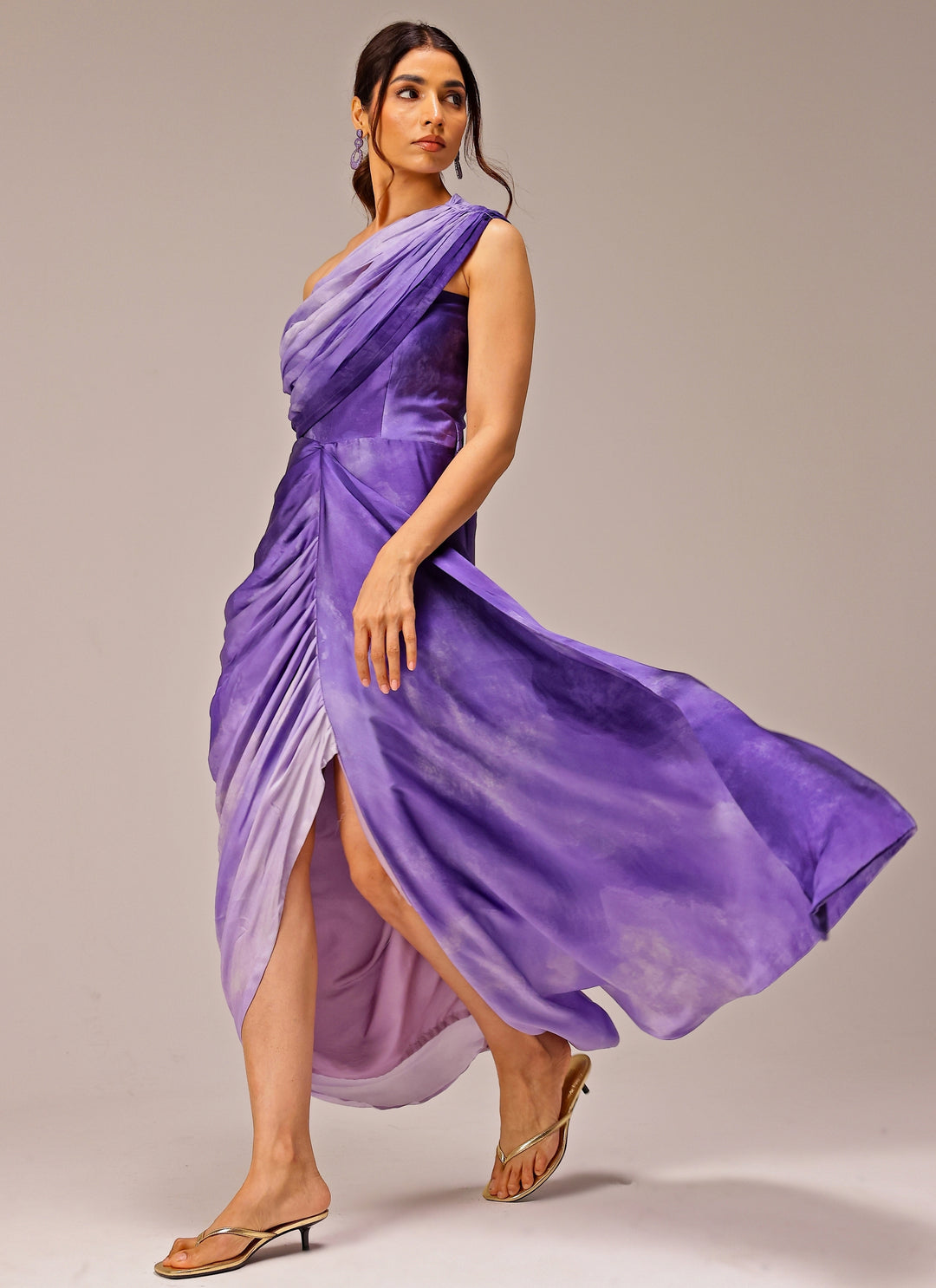 Purple Georgette Satin Printed One-Shoulder Drape Gown