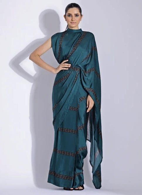 Green Georgette Satin Collar-Pallu Pre-Draped Saree